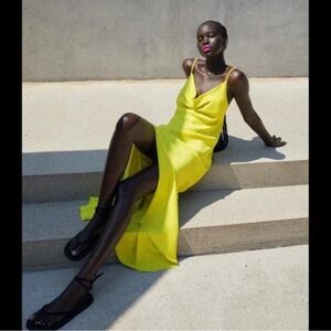 Zara Neon yellow Satin Multi-position Strap Cowlneck Maxi Dress in Size M, NWT